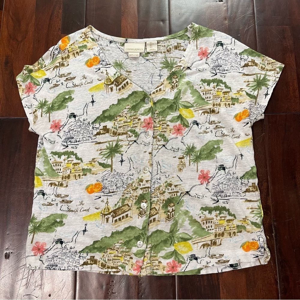 Cynthia Rowley 100% Linen Button Front Blouse Women’s Large Boxy Fit